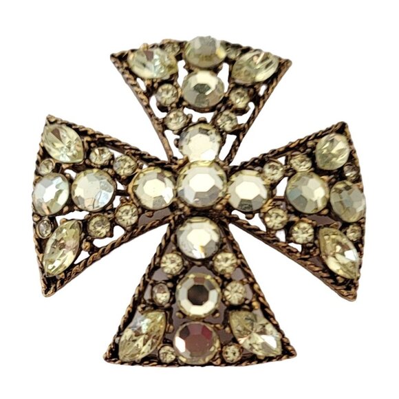 Gold Tone Jonquil Rhinestone Vintage Maltese Cross Brooch Pin E734 - Picture 10 of 10